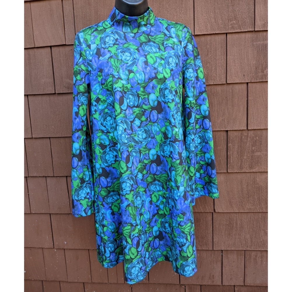 Zara retro mock neck long bell sleeve blue teal green mini tent dress medium